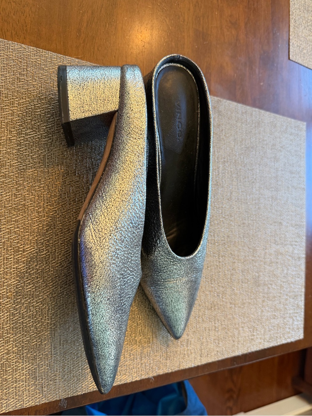 Vince chunky slip‎ on backless heels in silver